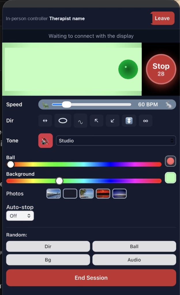 Controller screen with speed, colour, and Stop.