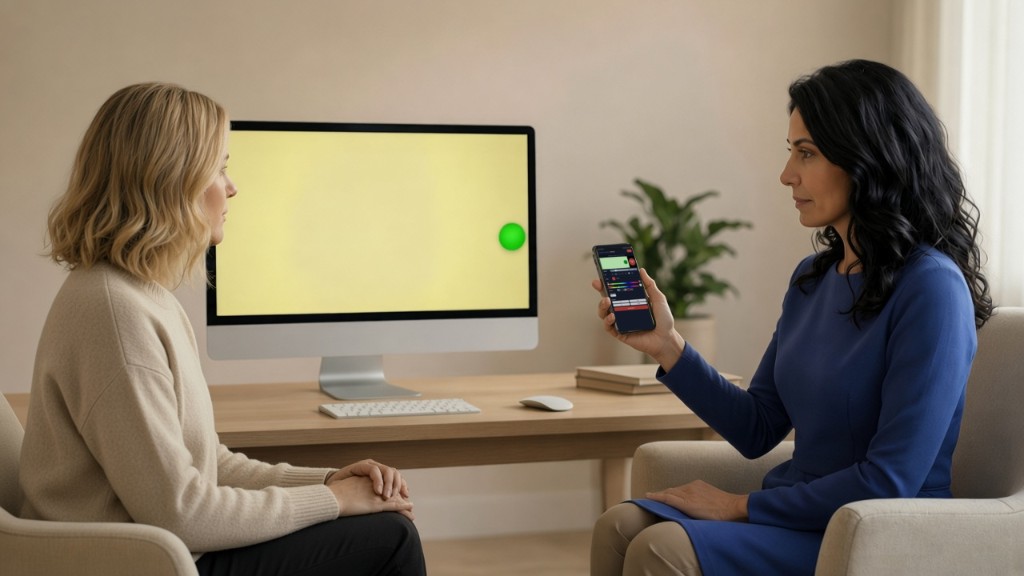 Therapist beside a client. The client screen shows bilateral stimulation. The therapist holds the phone controller.